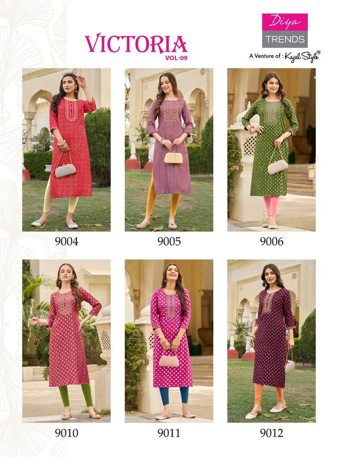 Victoria Vol 9 By Diya Rayon Foil Printed Kurtis Wholesale Shop In Surat
